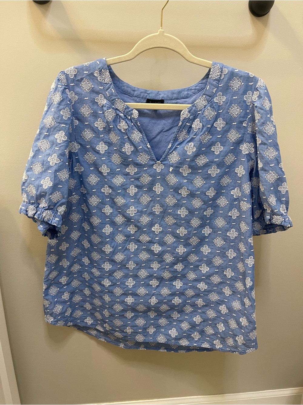 Talbots Blue and White Printed Split-Neck Blouse